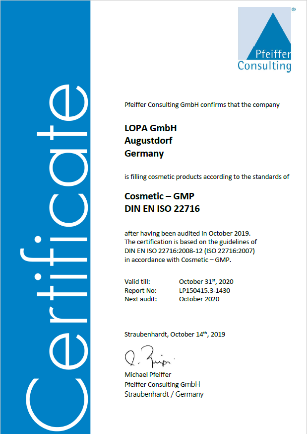 LOPA GmbH Zertifikat Pfeiffer Consulting
